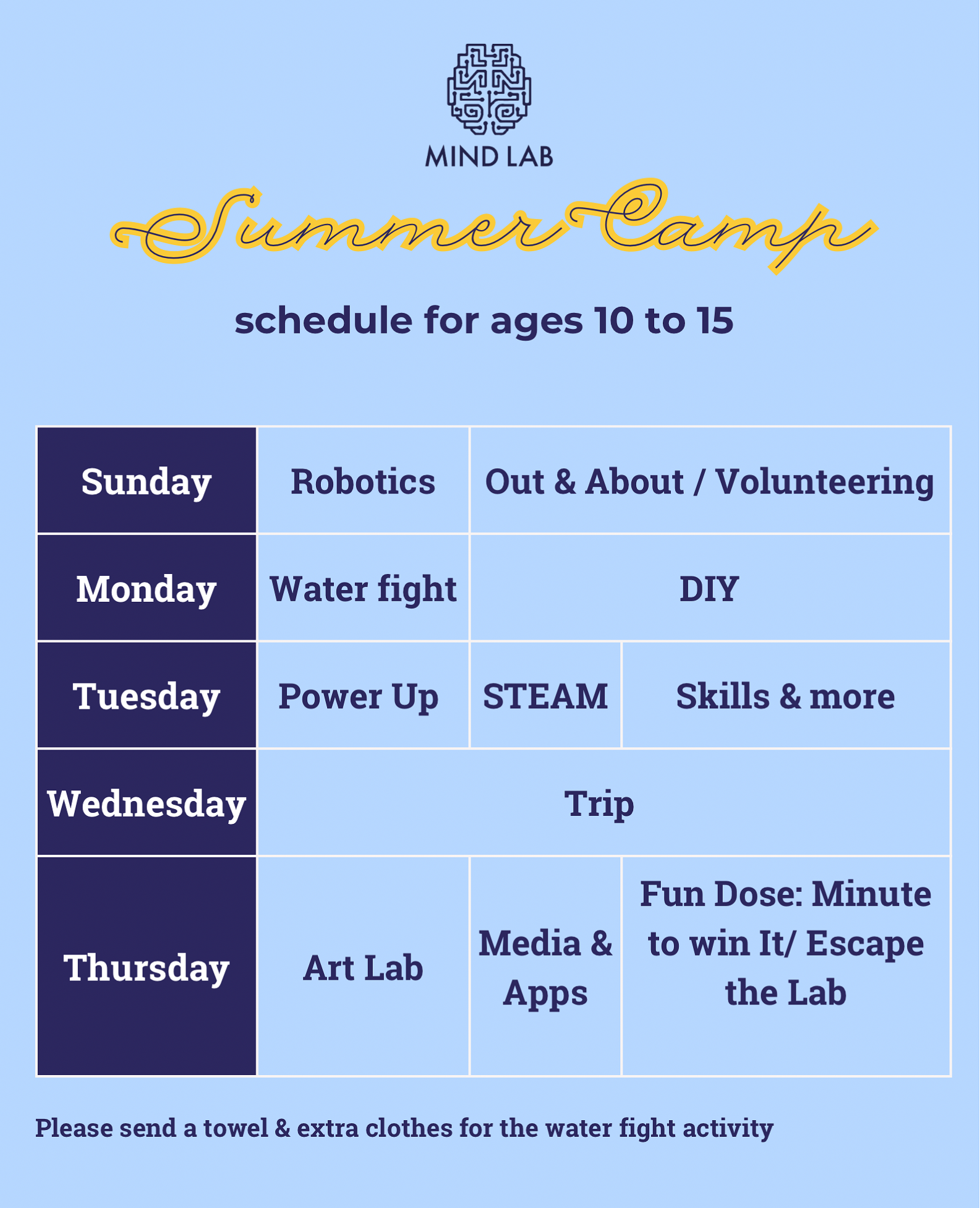 Schedule for 4-9 years old for the Summer Camp