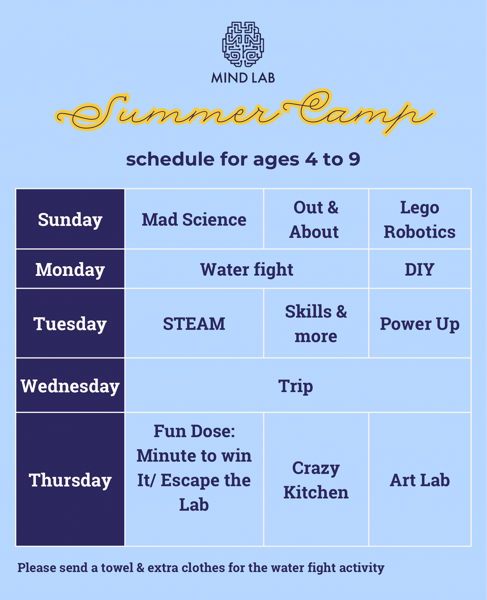 Schedule for 4-9 years old for the Summer Camp